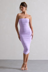 Lilac Strapless Bodycon Ruched Mesh Midi Dress